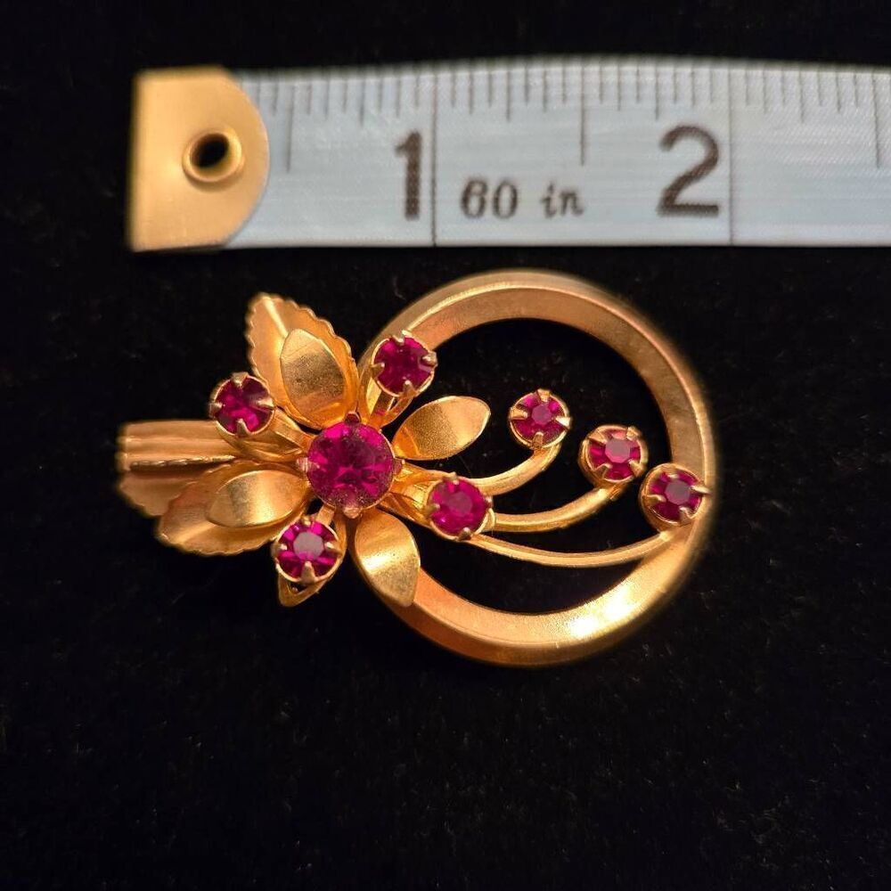 Vintage Gold Flower Red Rhinestone Brooch Pin - Picture 5 of 5